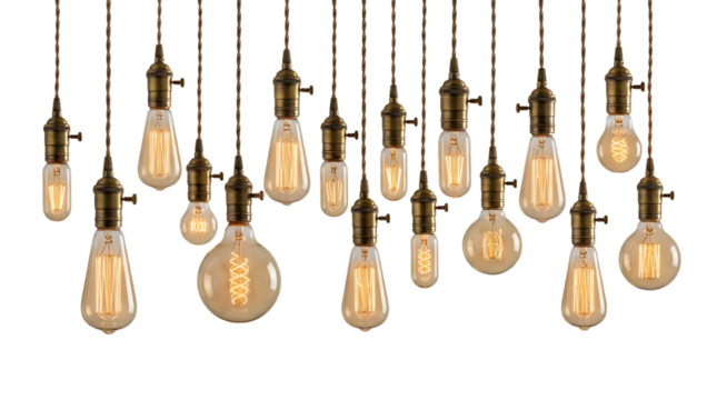 full view vintage edison bulb string lights, filament glowing warmly, high clarity, minimal shadows, isolated on bright white background