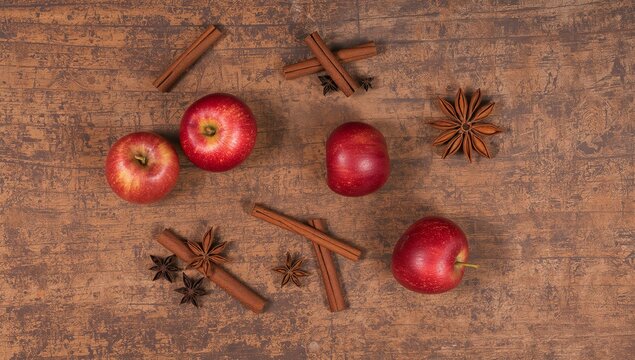 Resting five glossy red apples lying on rustic wooden tabletop, cinnamon sticks and star anise