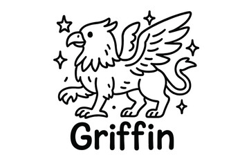 Doodle Griffin Design. Doodle griffin with stars, wings, and sparkles, center word &ldquo;Griffin&rdquo; in black and white isolated