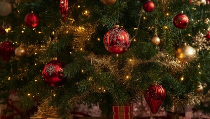 Glowing lower-mid Christmas tree filling room frame, with red baubles, gold tinsel and warm lights