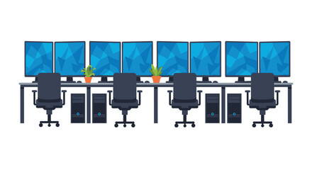 Modern tech office setup with multiple monitors, perfect for illustrating data analysis, software development, or collaborative teamwork scenes