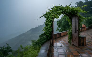 Rain-Soaked Vine Arch Backdrop Over Misty Indian Valley with Cinematic Monsoon Romance
