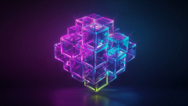 Glowing glass hollow cube array hovering above reflective floor in studio, neon edges and particles