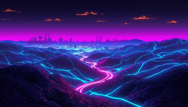 Winding magenta ribbon road guiding view to distant city across rocky valley with cyan veins, haze