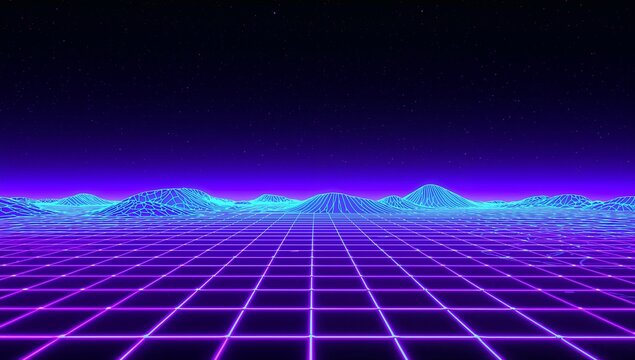 Stretching magenta grid leading to vanishing-point in retro scene, with cyan hills and violet glow