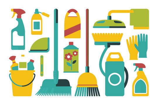A collection of cleaning supplies, including spray bottles, buckets, brooms, gloves, and a mop, arranged in a visually organized composition.