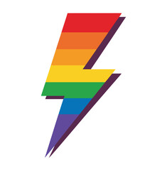A rainbow-colored lightning bolt symbol is depicted against a white background, representing power and pride.