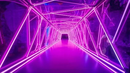 Glowing neon tunnel drawing viewers forward through gallery, with LED tubes and triangular frames