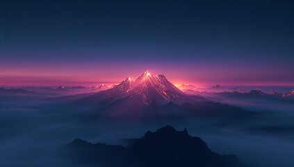 Glowing central snow-capped peak catching pink light at alpine dawn, with valley fog and starry sky