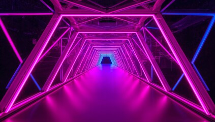 Glowing triangular frames forming corridor in gallery, reflecting magenta blue neon on glossy floor