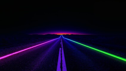 Running two-lane highway to horizon at night, with center line, magenta and green neon edges