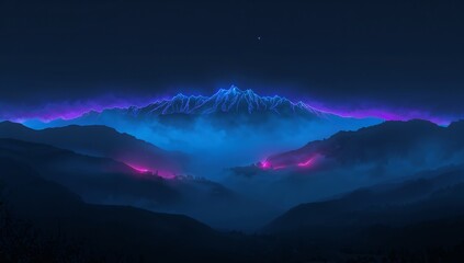Glowing neon-rimmed mountain ridge bathing valley in blue fog, pink glows and star shining at night