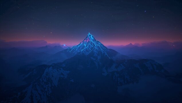 Glowing central snowy mountain peak showing neon-blue veins at night, with magenta summit glow - Powered by Adobe