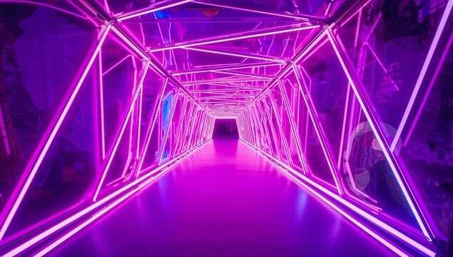 Glowing neon tunnel drawing viewers forward through gallery, with LED tubes and triangular frames