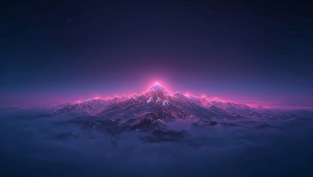 Glowing neon peak casting magenta light over alpine fog and starry sky, magenta ridges