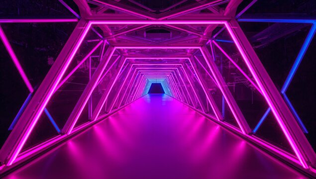 Glowing triangular frames forming corridor in gallery, reflecting magenta blue neon on glossy floor