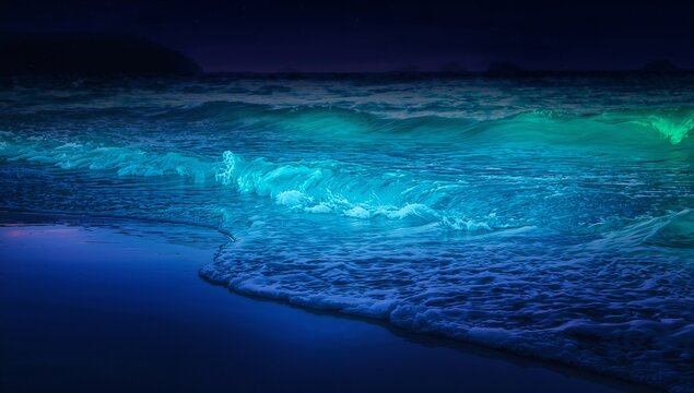 Glowing bioluminescent waves breaking onto reflective shore at night, creating white foam patterns