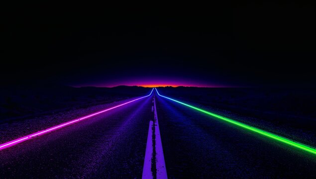 Running two-lane highway to horizon at night, with center line, magenta and green neon edges - Powered by Adobe