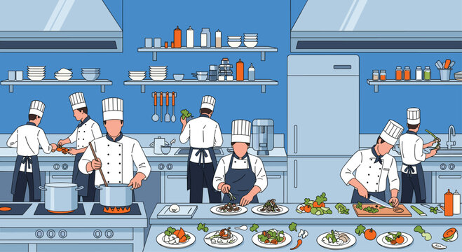 Busy restaurant kitchen scene with professional chefs preparing delicious meals for customers, culinary arts in action, food preparation illustration