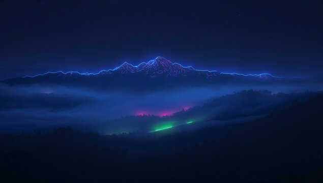 Glowing neon-outlined mountain ridge dominating night valley, with layered hills, fog, magenta glow