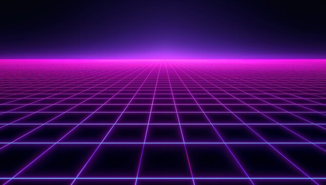 Stretching neon wireframe grid receding toward magenta horizon in digital scene, with dark floor