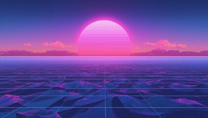 Glowing neon pink sun with scanlines dominating retro seascape at twilight with grid ocean