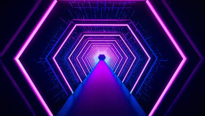 Glowing lit hexagonal tunnel leading to bright portal at center, with LED strips and shiny floor