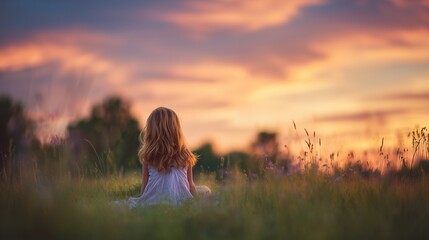 A young girl sits in a vibrant field, gazing at the beautiful sunset as the day turns into night. The girl enjoys this peaceful moment amidst the tall grass and wildflowers.