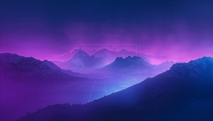 Showing neon-lit mountain layers and glowing grid valley at dusk, with wireframe and conifer ridge