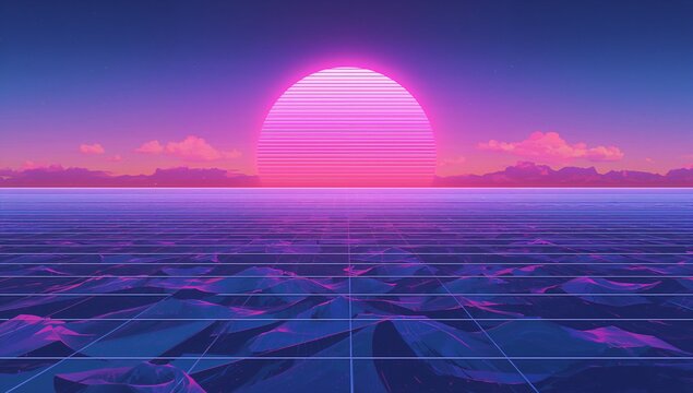 Glowing neon pink sun with scanlines dominating retro seascape at twilight with grid ocean