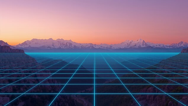 Glowing cyan wireframe grid stretching over rocky canyon to snowy peaks, hazy gradient sunset sky