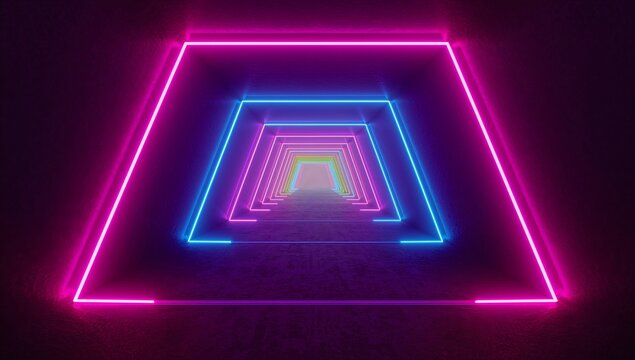 Leading neon tunnel receding to vanishing point over shiny floor with glowing magenta-cyan frames