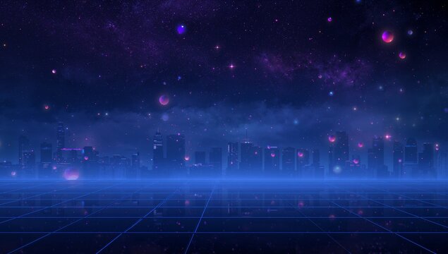 Extending neon grid plane leading toward distant skyline at night, with glowing nebula orbs