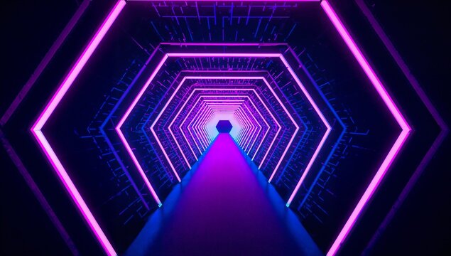 Glowing lit hexagonal tunnel leading to bright portal at center, with LED strips and shiny floor