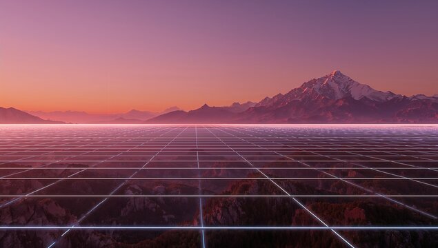 Glowing neon grid stretching over rugged mountainous valley at sunset, showing snow-capped peak - Powered by Adobe