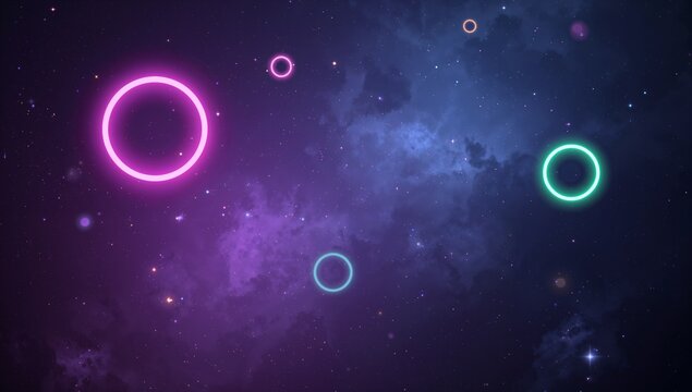 Floating neon rings drifting over purple nebula starfield, showing magenta, teal, cyan, lens flares