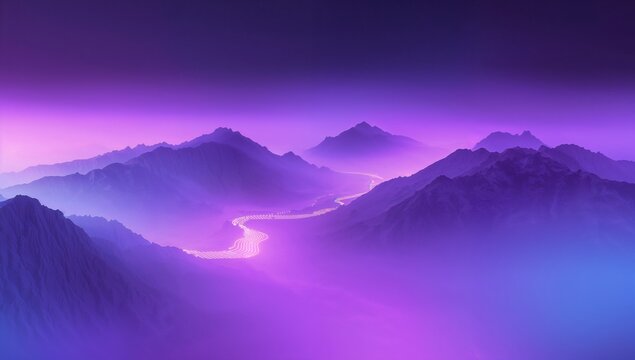 Glowing ribbon of light winding through high mountain valley, with layered ridgelines and mist