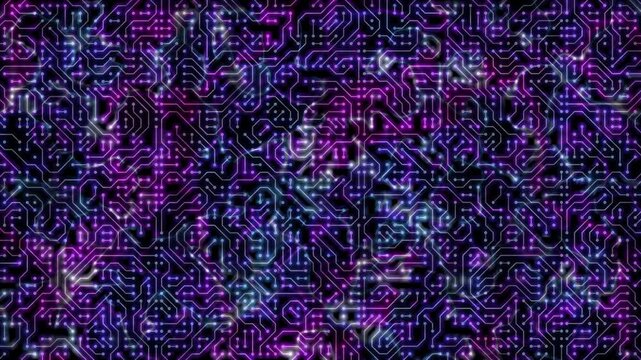 circuit board with glowing electronic traces and high speed data flow signals, loopable animation of blue purple digital technology background