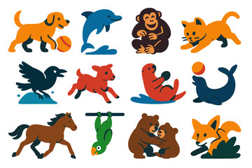 Naklejka premium Playful Animal Icons. Flat vector icons of animal play: dog with ball, dolphin jumping, chimp tickling, kitten pouncing, raven