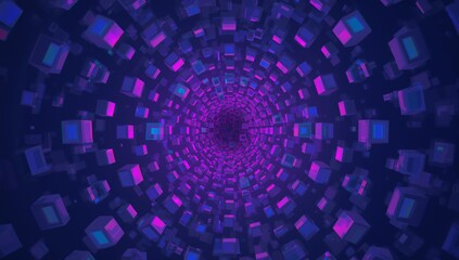 Spiraling symmetrical 3D cube tunnel receding into dark central void in CGI space, with neon glow