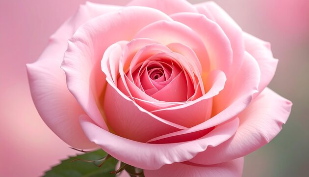 A softly lit pink rose bloom, petals unfurling in a spiral, set against a blurred pink and green backdrop
