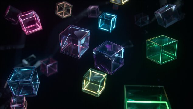 Glowing translucent neon-edged cube cluster drifting in dark studio void, with wireframe edges - Powered by Adobe