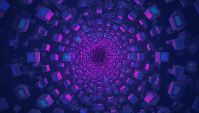 Spiraling symmetrical 3D cube tunnel receding into dark central void in CGI space, with neon glow - Powered by Adobe
