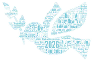 Happy New Year 2026 word cloud in different languages	