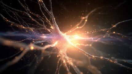 An intricate neuron glows with vibrant energy, showcasing its complex connections and synapses. The neuron emits light against a dark background, revealing its detailed structure.