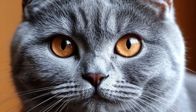 Domestic cat's expressive face filling the frame, showing textured grey fur, pink nose, and intense round amber eyes