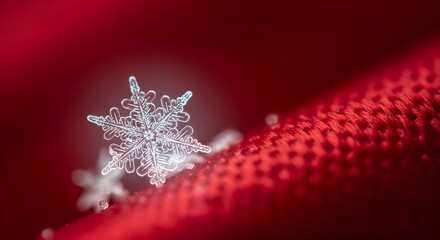 Macro shot of snowflake on red ribbon, glowing softly.