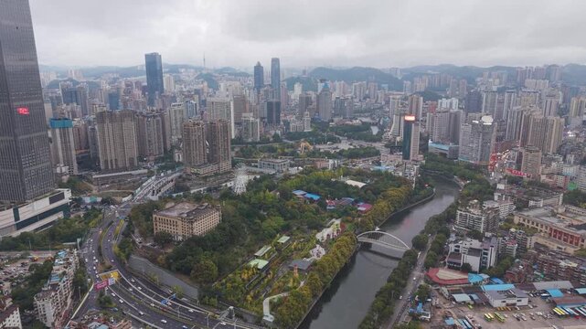 Revealing drone shot of Guiyang&rsquo;s dense urban layout in Guizhou Province. China
