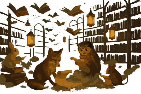 Whimsical Library Fantasy. Dreamlike mind library with flying books, glowing lanterns of memory, and curious animals reading