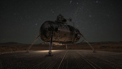 Standing lander showing angled legs mast cables lights beneath hull on metal grate under starry sky